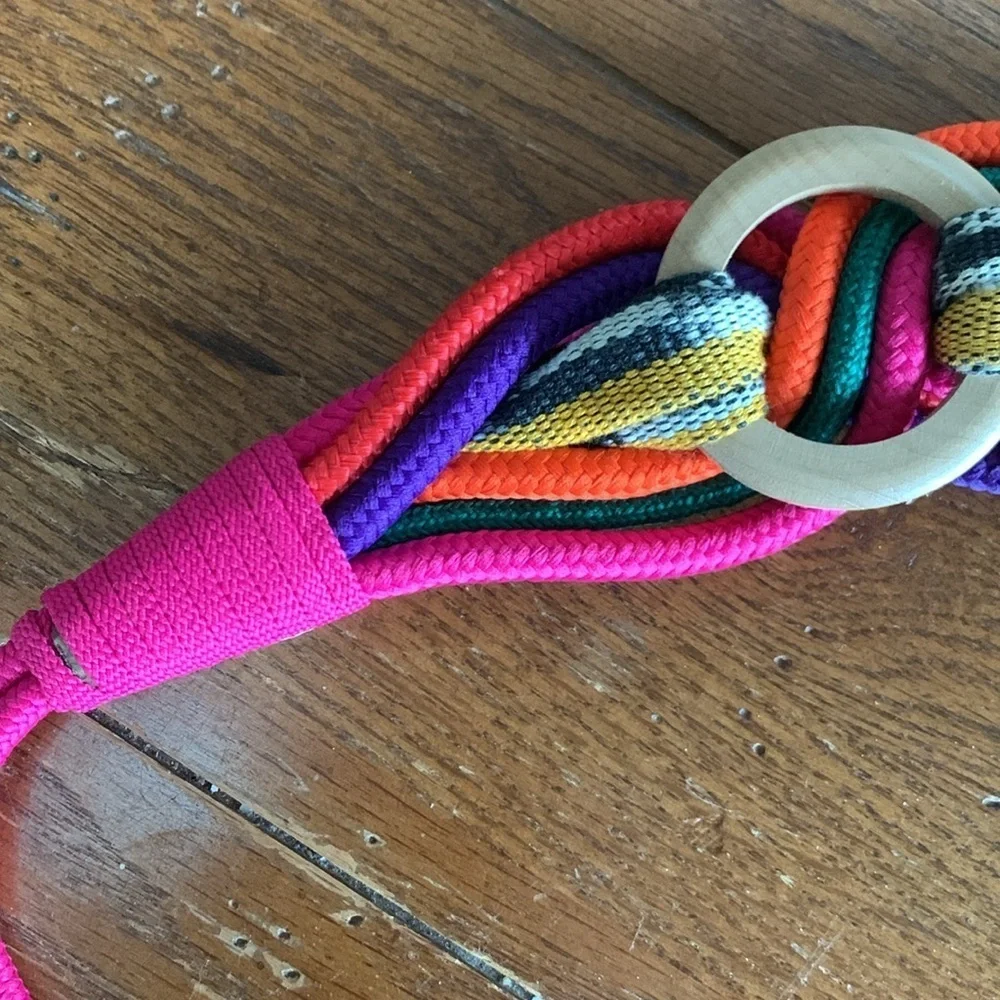 Prima Collezione Vintage Woven Fabric Wooden Rings Stretch Belt Multi-color Pink